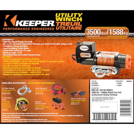Keeper Utility Winch, 12V DC 3500lbs W/Integ. Sealed Solenoids, Synthetic rope KU35082
